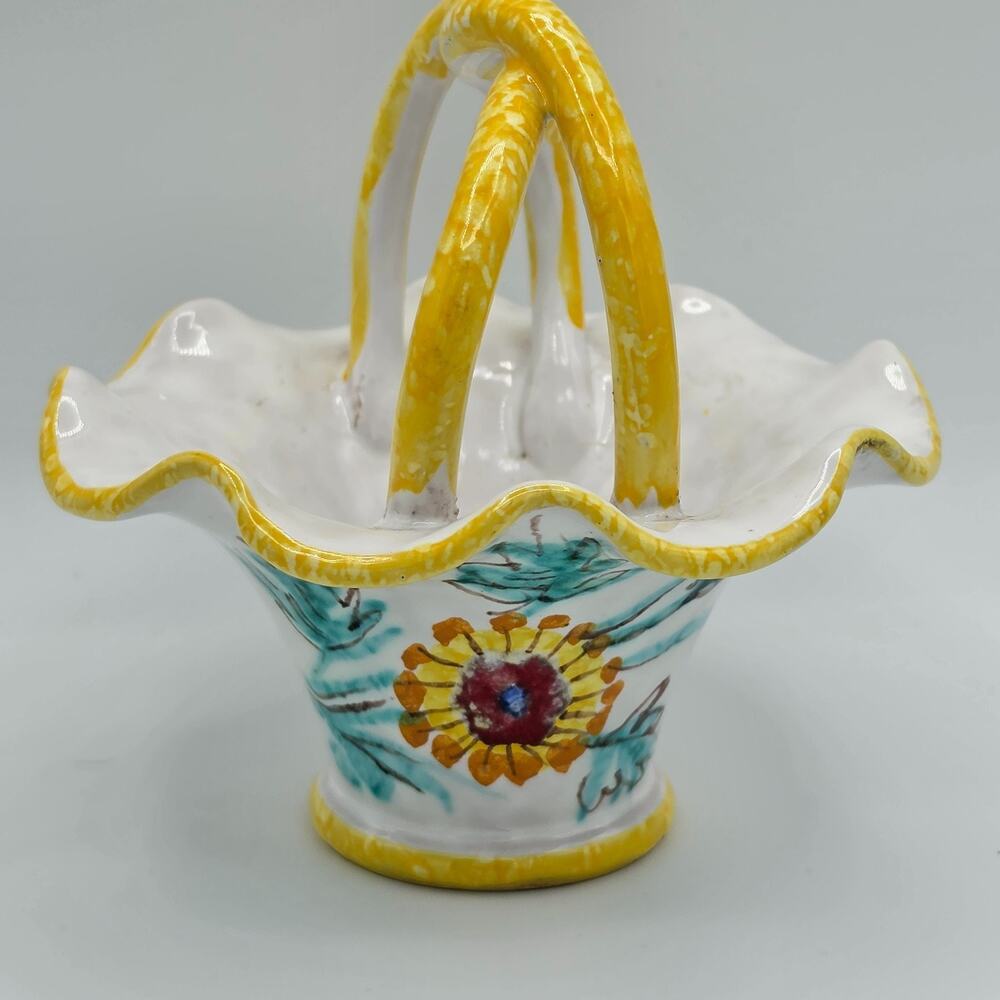 Vtg Italy Majolica Pottery Basket Hand Painted Floral Yellow Double Handle READ